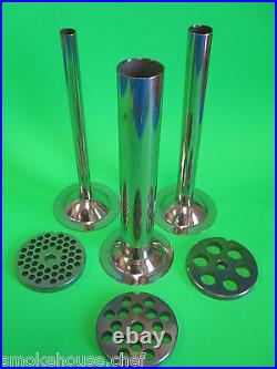 #12 SET Meat Grinder Mincer parts (3) Plates + (3) Sausage Stuffer Tubes 6 pc