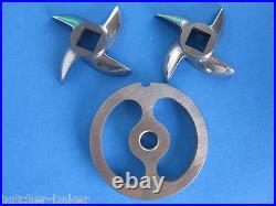 #22 Stainless Meat Grinder Sausage Stuffing Stuffer Kidney Plate & 2 Knives