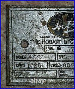Vintage HOBART MFG CO Sign Brass Nameplate Rare Meat Grinder Model 4222 OHIO USA