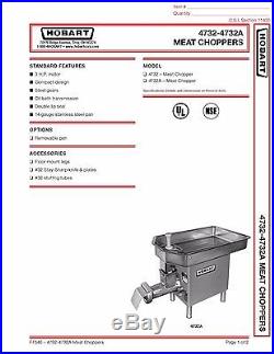 W492-4732 HOBART ELECTRIC MEAT GRINDER 3hp